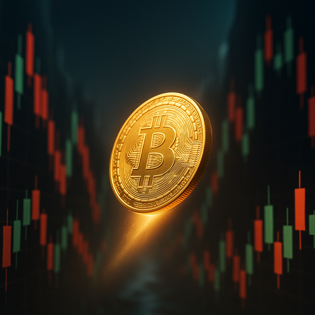 A glowing golden bitcoin rocketing through a neon-lit canyon of price candles