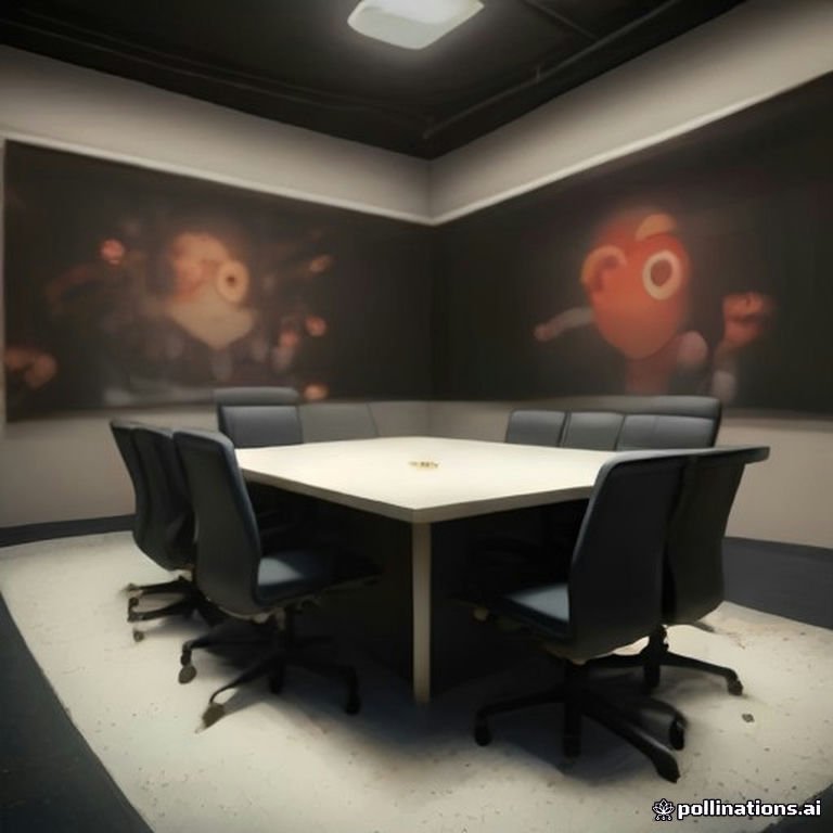 An animated conference room with AI figures debating among themselves with oversized coffee cups spilling everywhere