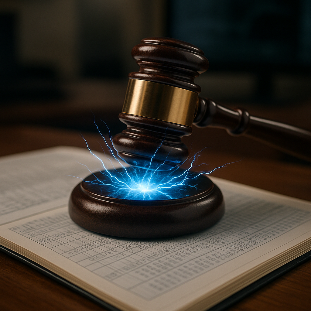 courtroom gavel striking sparks of electric blue energy over a digital ledger